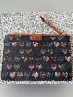 Fossil Black Wristlet Clutch with Multicolor Heart Print